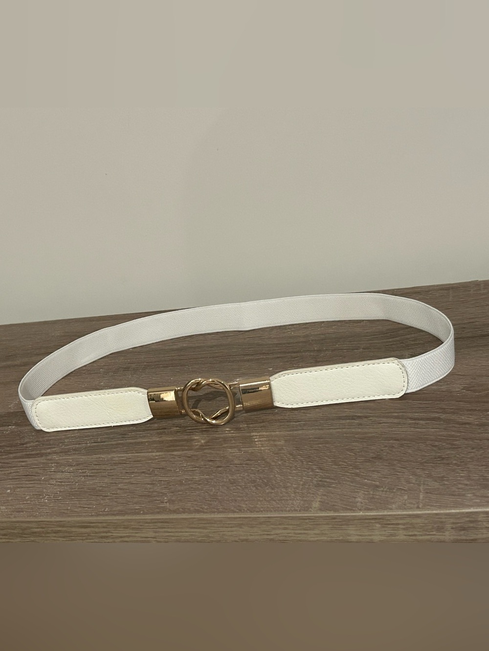 White Skinny Stretch Waist Belt Gold Buckle 29-40”